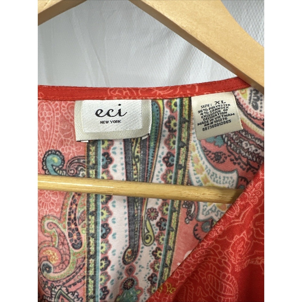 ECI Paisley Tunic Blouse Women XL Red Beaded Medallion Ruched Sleeve Excellent - Picture 3 of 7